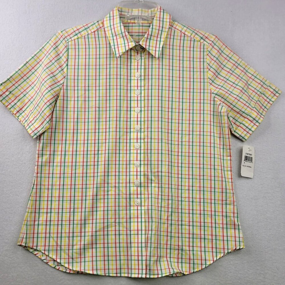 Vintage 90s Foxcroft Tattersall Plaid Shirt 4 Red Yellow Preppy Country Retro